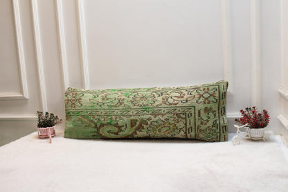 Green Vintage Turkish Rug Lumbar Pillow Cover 12x36