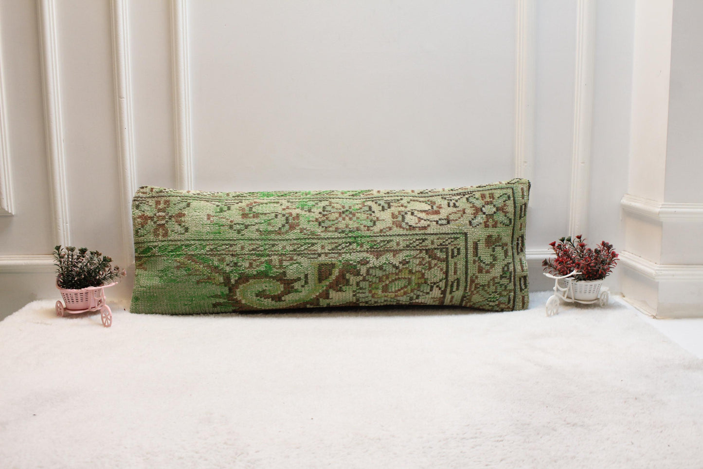 Green Vintage Turkish Rug Lumbar Pillow Cover 12x36