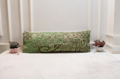 Green Vintage Turkish Rug Lumbar Pillow Cover 12x36