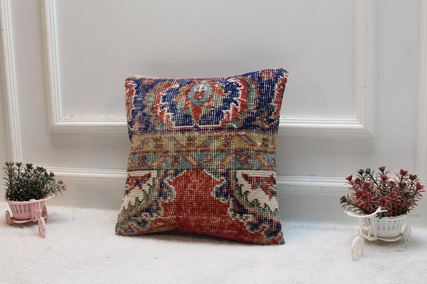 Vintage Turkish Kilim Pillow Cover: Red & Blue Organic Wool, 16x16 inch