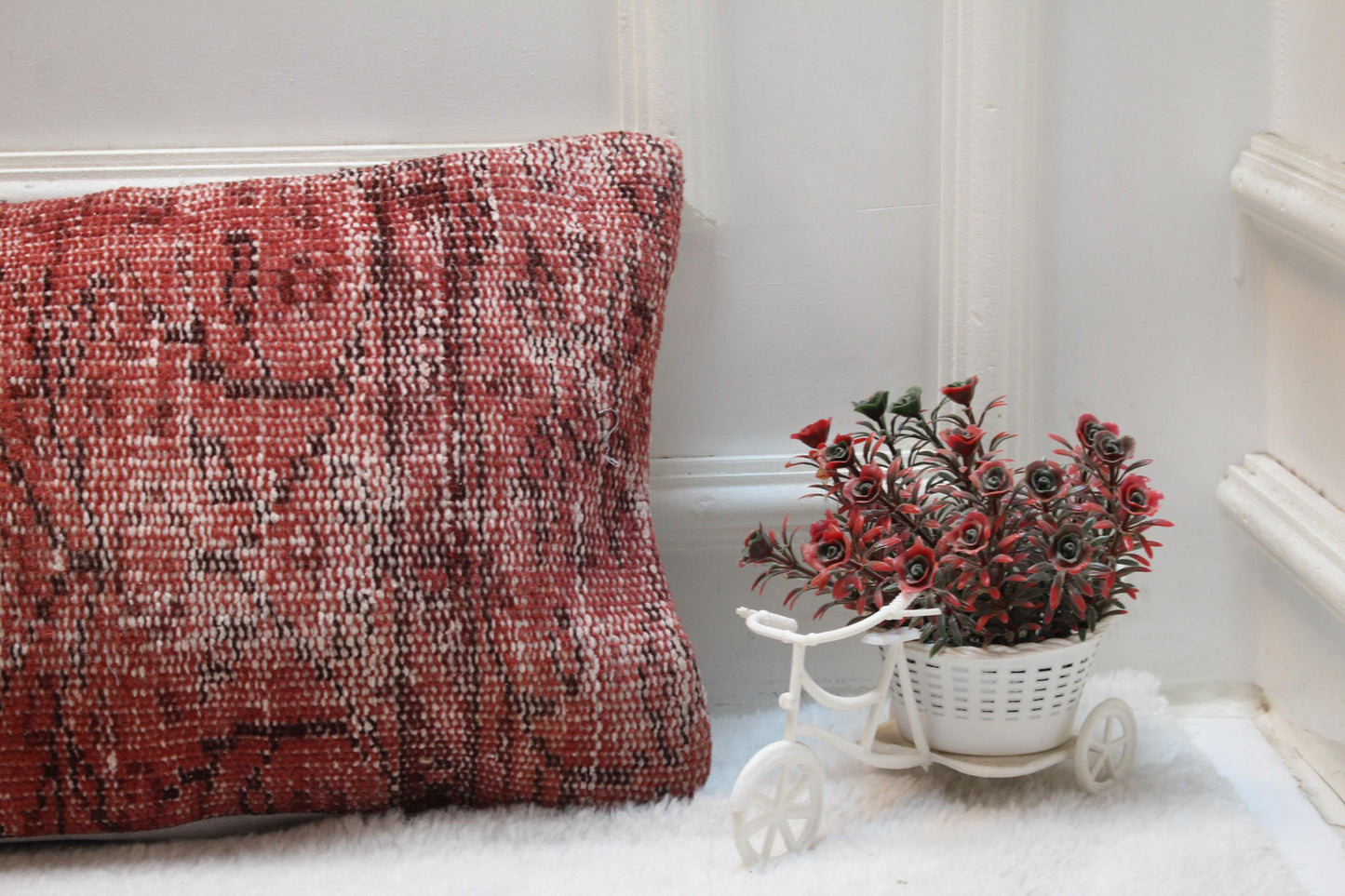 Red Turkish Rug Pillow Cover: Vintage Woven Lumbar Pillow (12x36 in)