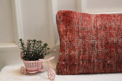 Red Turkish Rug Pillow Cover: Vintage Woven Lumbar Pillow (12x36 in)