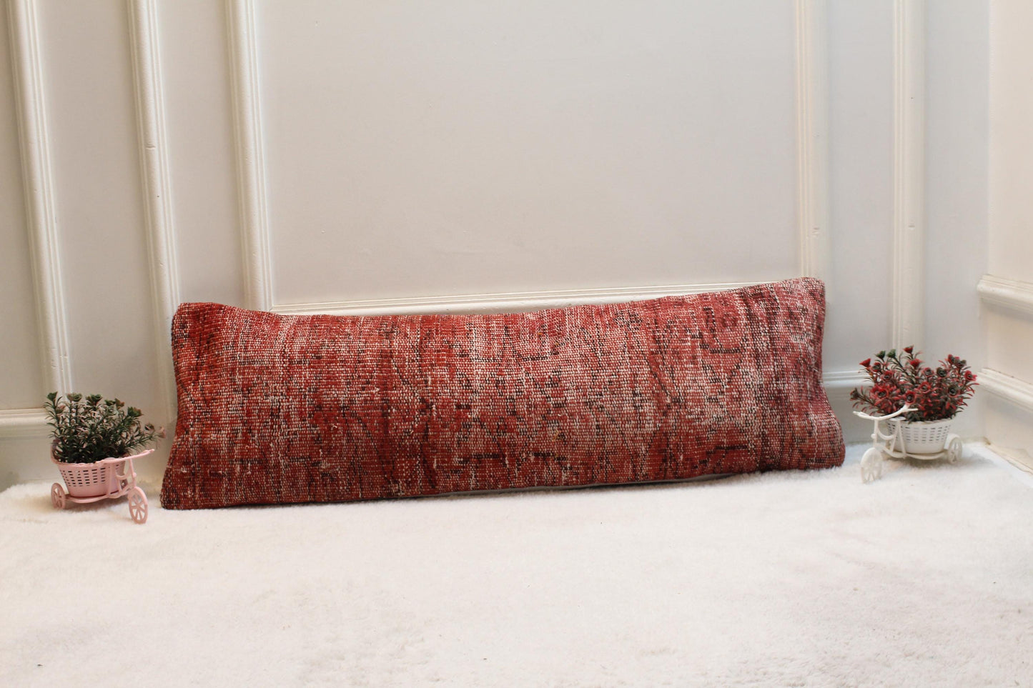 Red Turkish Rug Pillow Cover: Vintage Woven Lumbar Pillow (12x36 in)