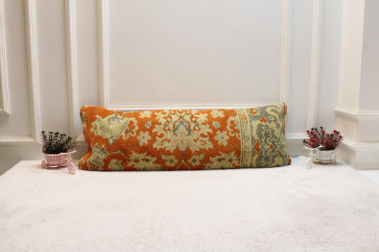 Vintage Turkish Rug Lumbar Pillow: Orange Boho Home Decor (12x36 in)