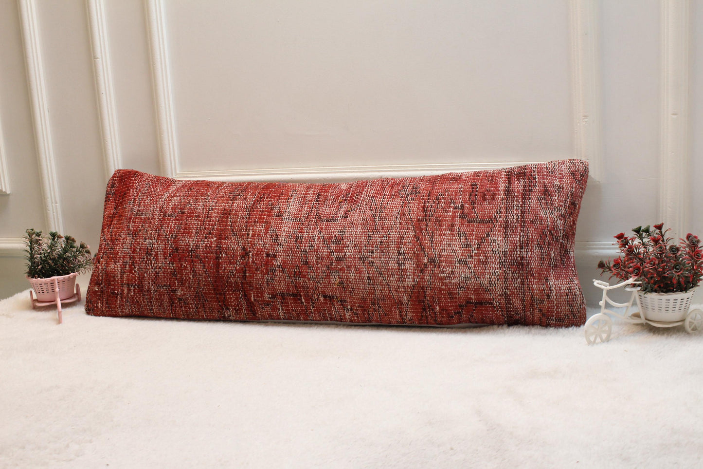 Red Turkish Rug Pillow Cover: Vintage Woven Lumbar Pillow (12x36 in)