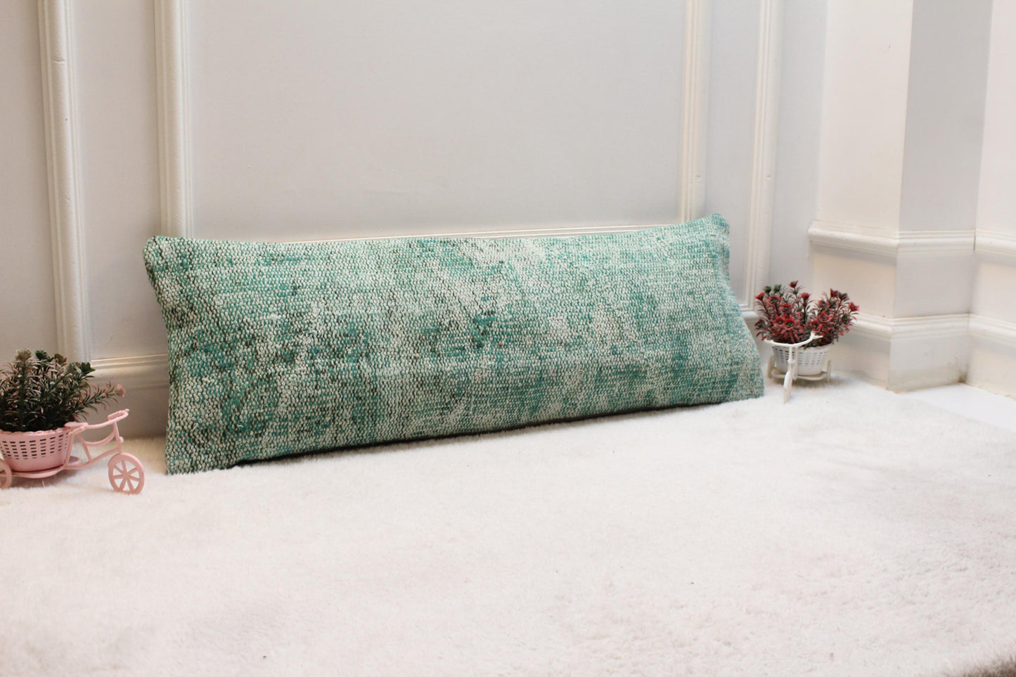 Green Vintage Turkish Rug Lumbar Pillow Cover: 12x36 inch Kilim Pillow