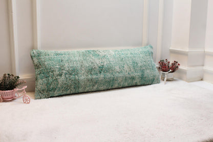 Green Vintage Turkish Rug Lumbar Pillow Cover: 12x36 inch Kilim Pillow