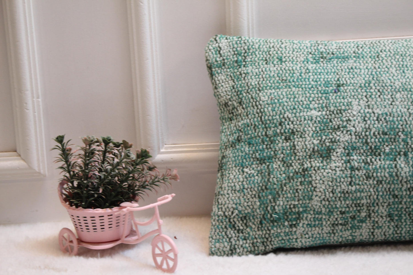 Green Vintage Turkish Rug Lumbar Pillow Cover: 12x36 inch Kilim Pillow
