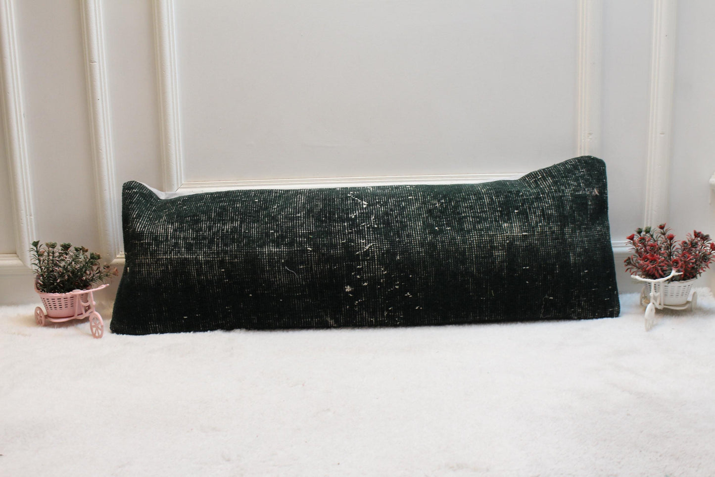 Green Vintage Turkish Rug Lumbar Pillow Cover, Organic Wool 12x36