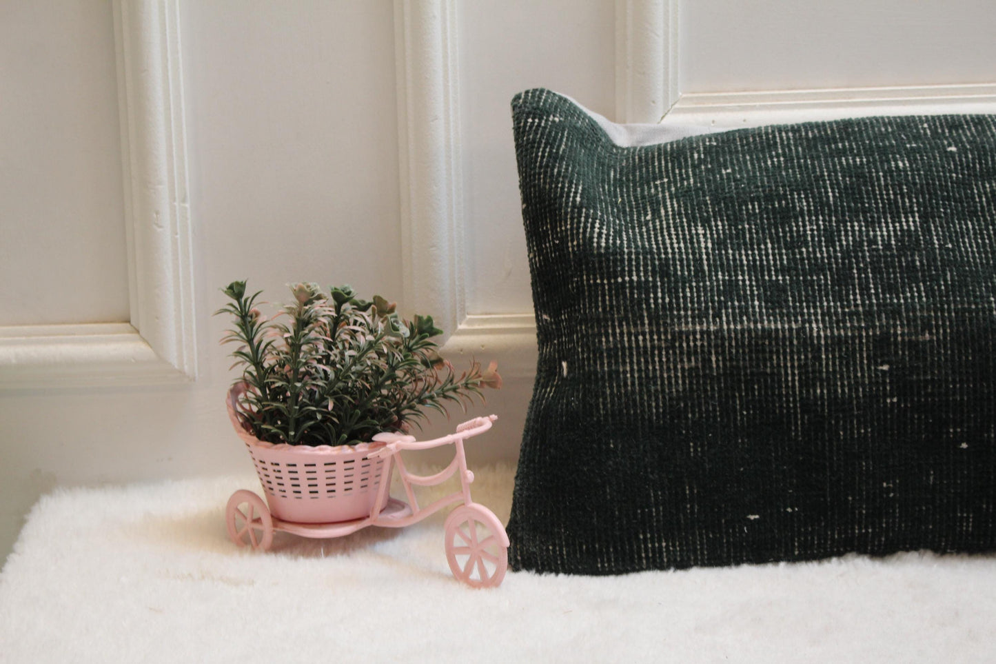 Green Vintage Turkish Rug Lumbar Pillow Cover, Organic Wool 12x36
