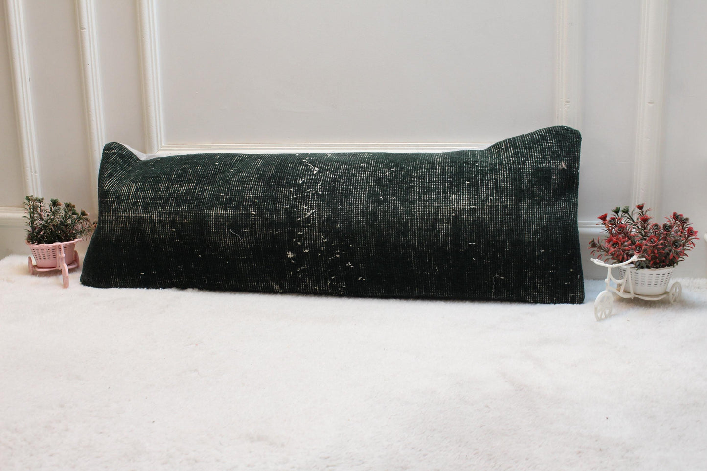 Green Vintage Turkish Rug Lumbar Pillow Cover, Organic Wool 12x36