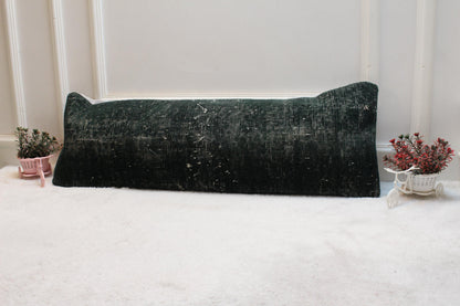 Green Vintage Turkish Rug Lumbar Pillow Cover, Organic Wool 12x36