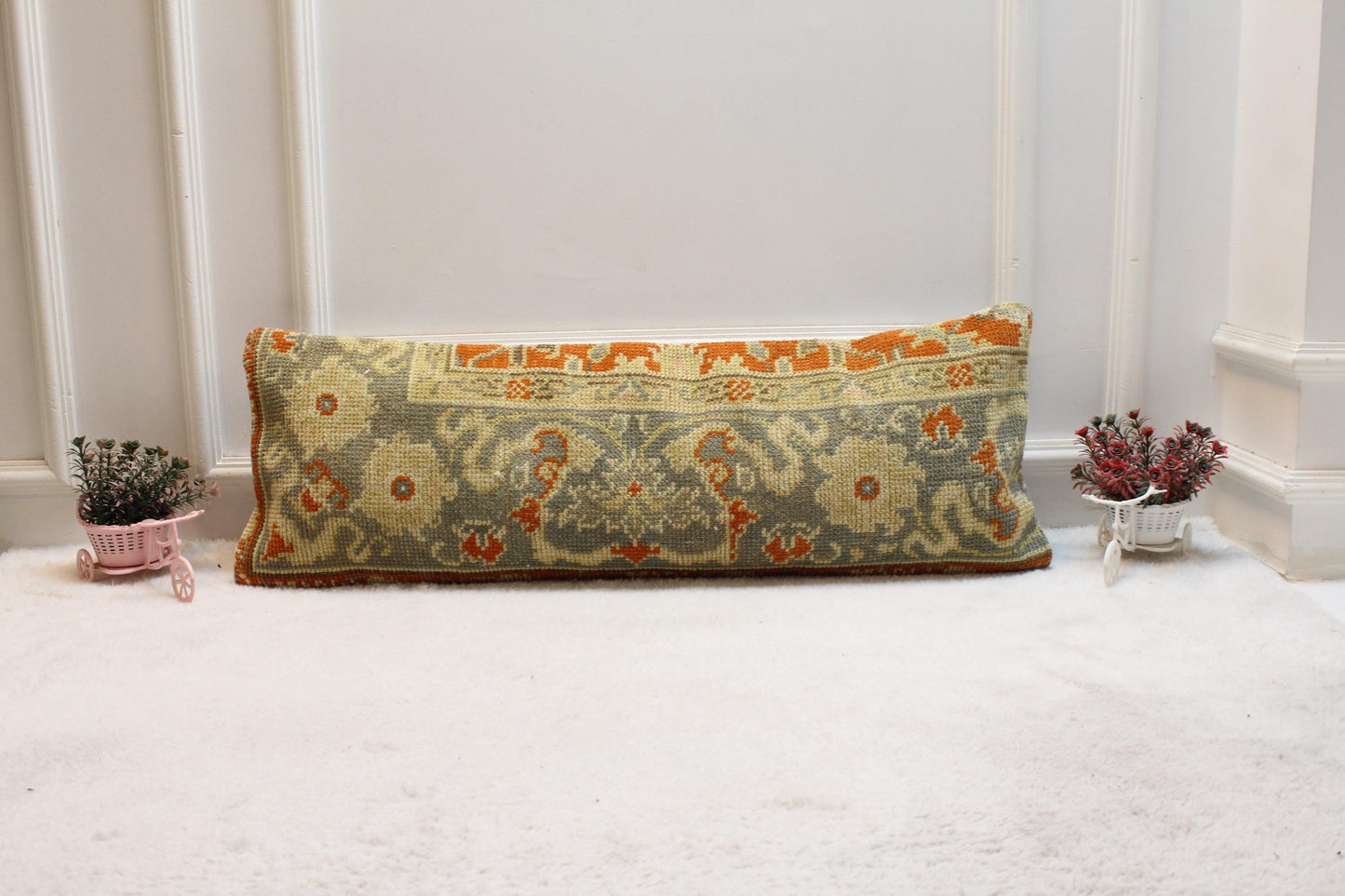Vintage Turkish Rug Lumbar Pillow Cover: Rainbow Woven Wool, 12x36 inc