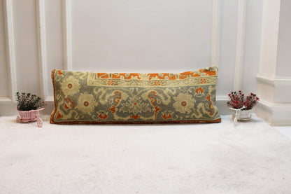 Handmade Turkish Rug Lumbar Pillow Cover: Floral Boho Decor (12x36 in)