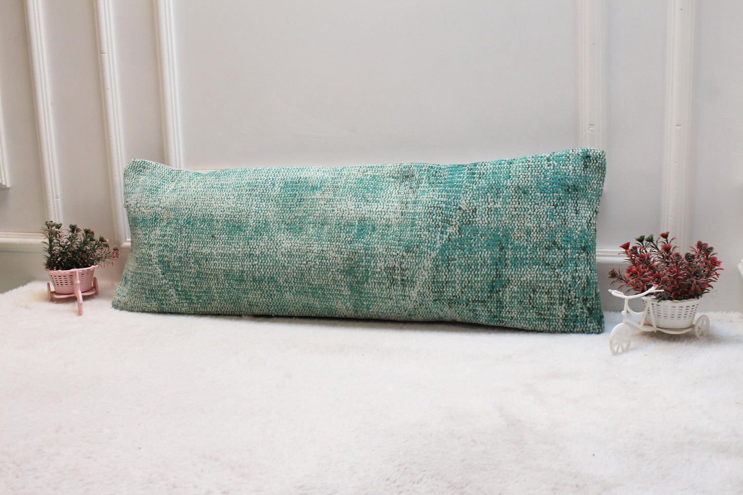 Green Vintage Turkish Rug Lumbar Pillow Cover: Handmade Wool, 12x36 inch
