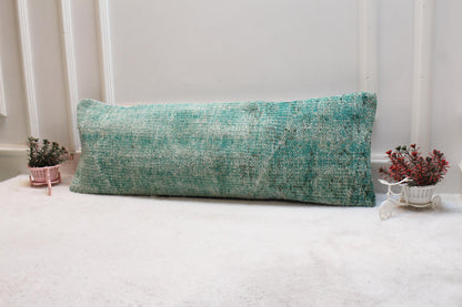 Green Vintage Turkish Rug Lumbar Pillow Cover: Handmade Wool, 12x36 inch