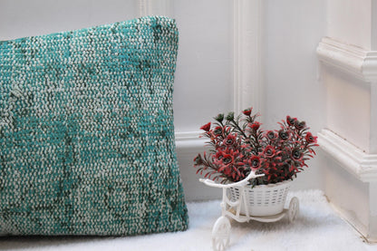 Green Vintage Turkish Rug Lumbar Pillow Cover: Handmade Wool, 12x36 inch