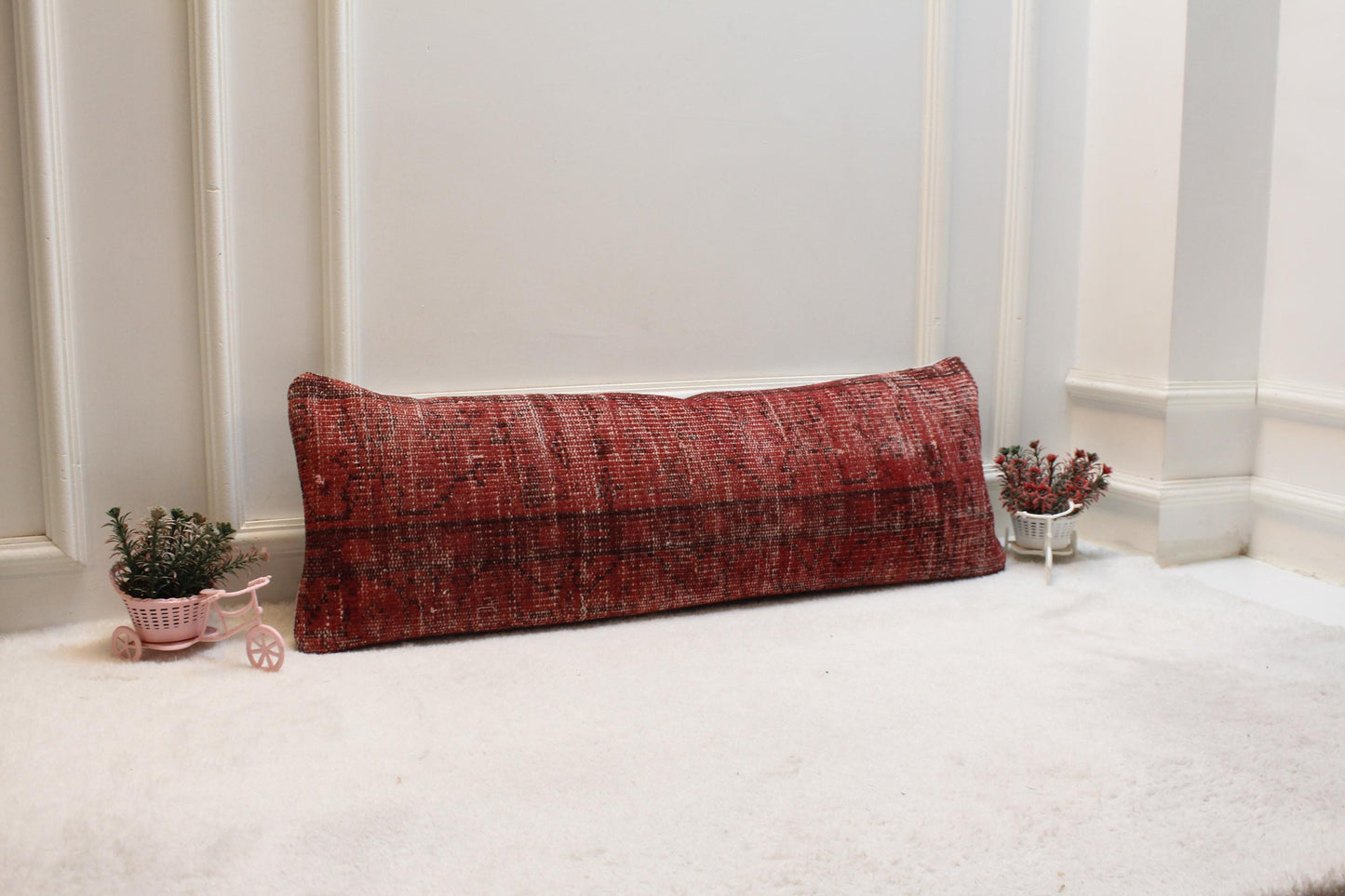 Red Vintage Turkish Rug Lumbar Pillow Cover (12x36 inc)