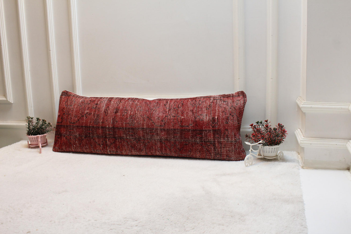 Red Vintage Turkish Rug Lumbar Pillow Cover (12x36 inc)