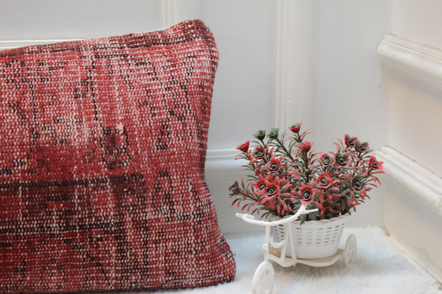 Red Vintage Turkish Rug Lumbar Pillow Cover (12x36 inc)