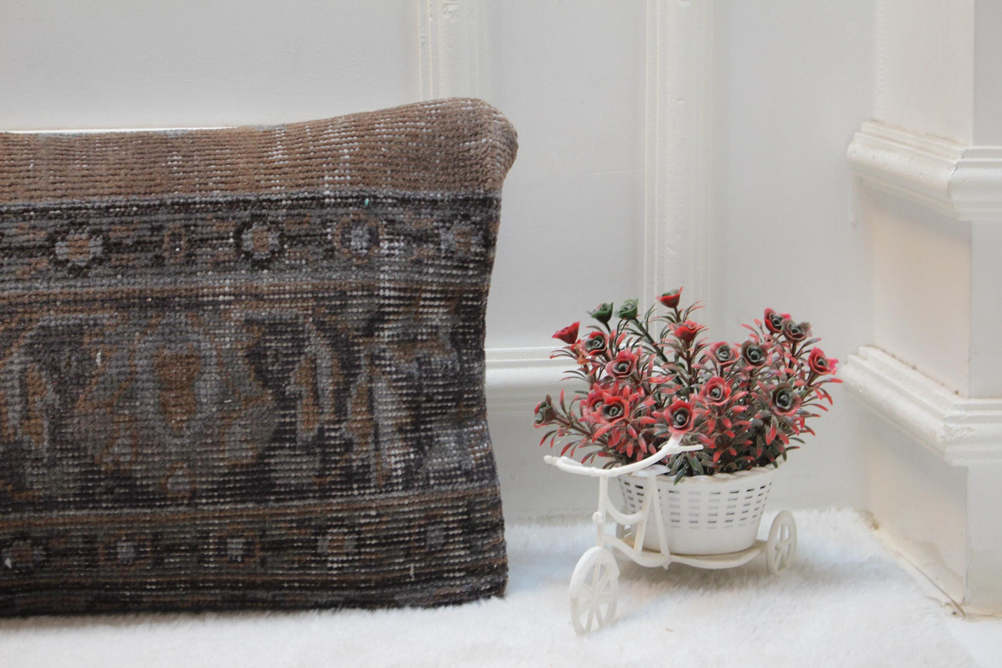 Boho Lumbar Pillow Cover: Turkish Rug, Organic Wool (12x36 inc)