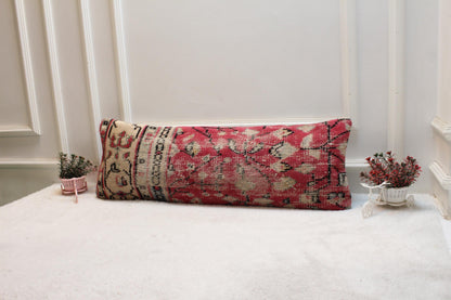 Red Vintage Turkish Rug Lumbar Pillow Cover: 12x36 inch Wool Kilim Pillow