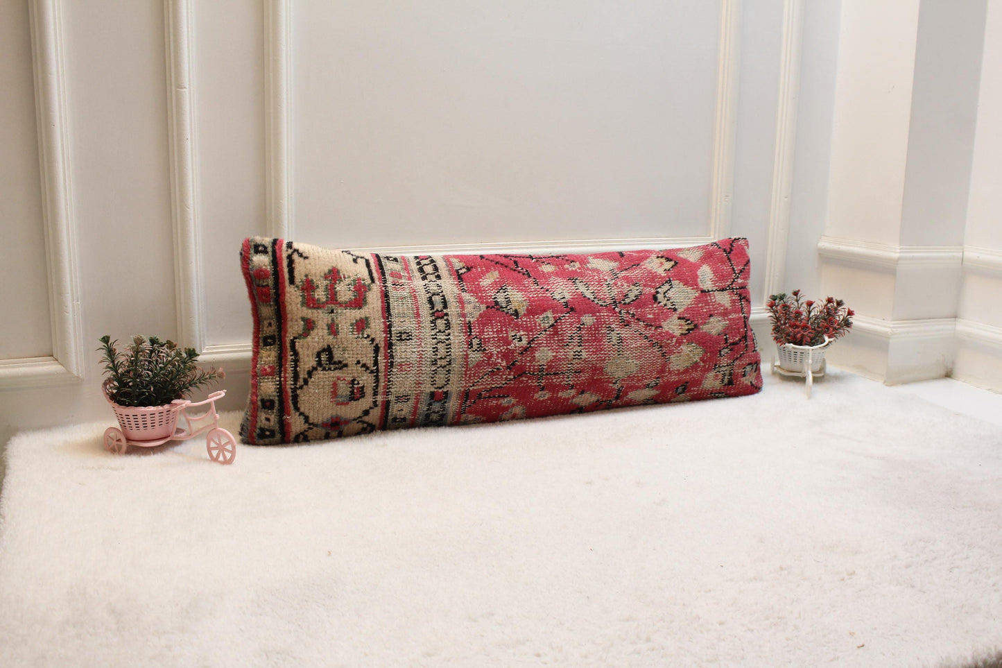 Red Vintage Turkish Rug Lumbar Pillow Cover: 12x36 inch Wool Kilim Pillow