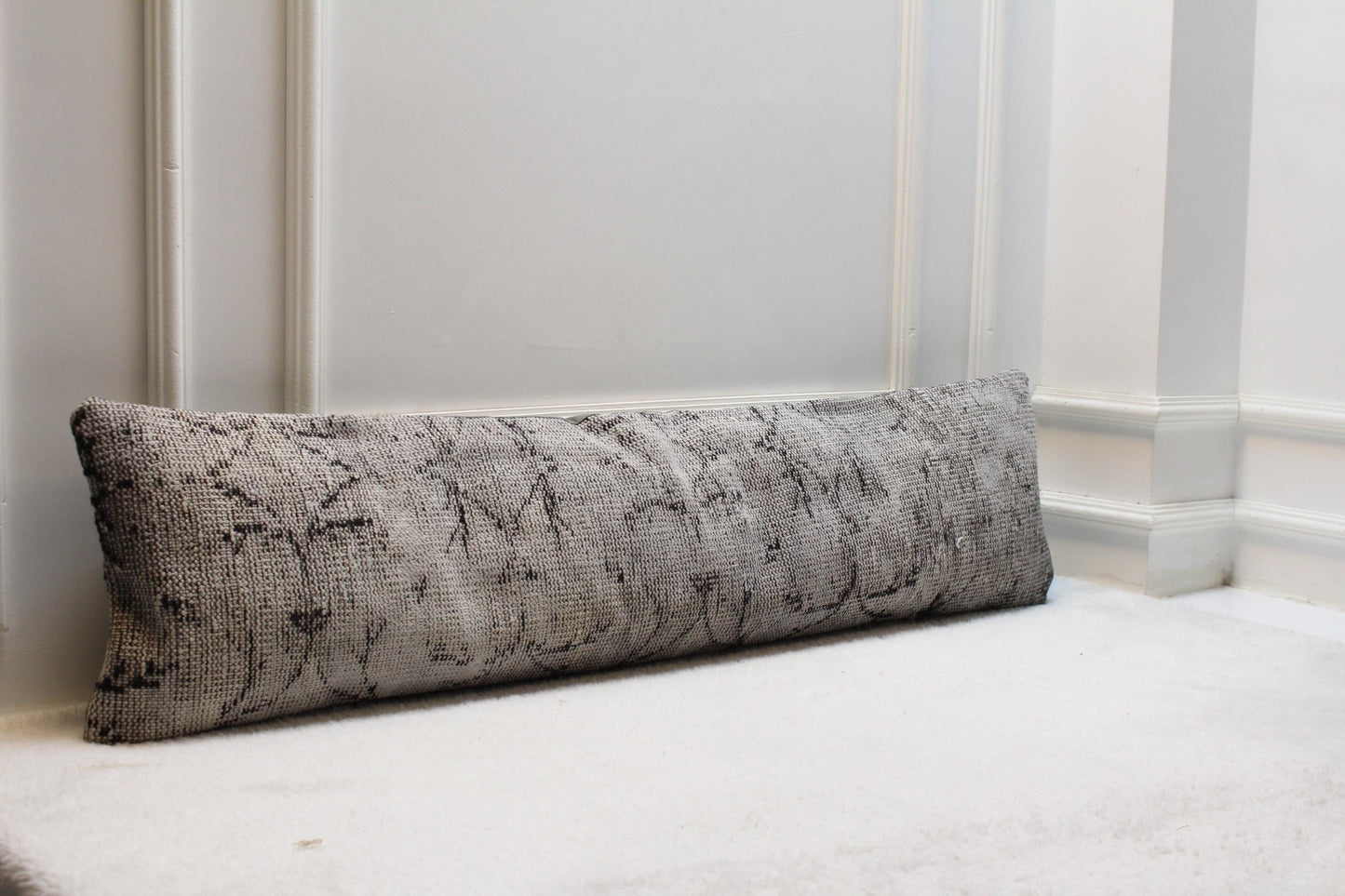 Vintage Kilim Lumbar Pillow Cover 30x120, Gray Turkish Rug
