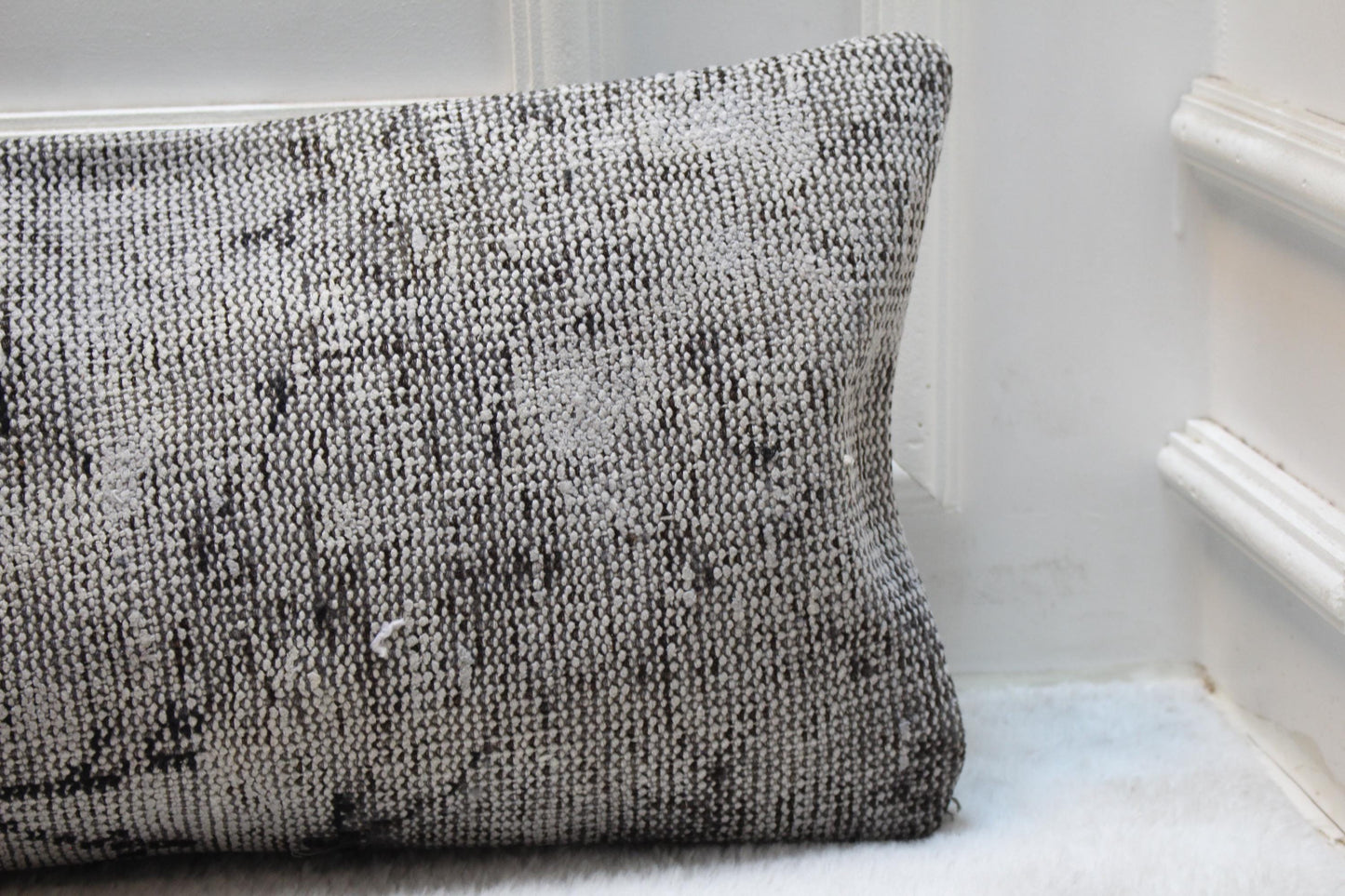 Vintage Kilim Lumbar Pillow Cover 30x120, Gray Turkish Rug