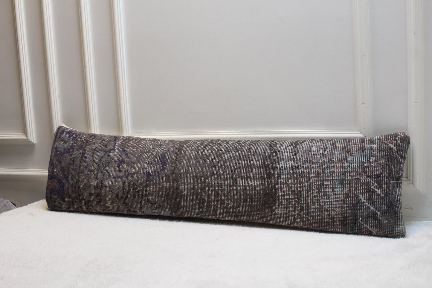 Vintage Turkish Kilim Lumbar Pillow | Earthy Gray Rug Fabric, 12x48