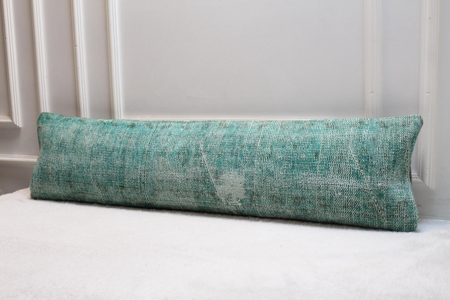 Handwoven Kilim Lumbar Pillow Cover – Turquoise Turkish Rug, 30x120 inch