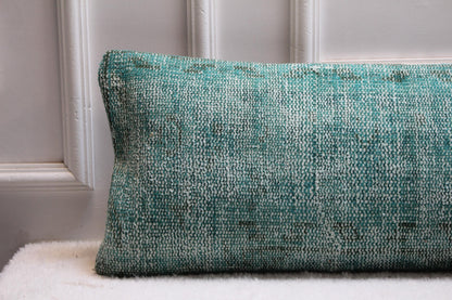 Handwoven Kilim Lumbar Pillow Cover – Turquoise Turkish Rug, 30x120 inch