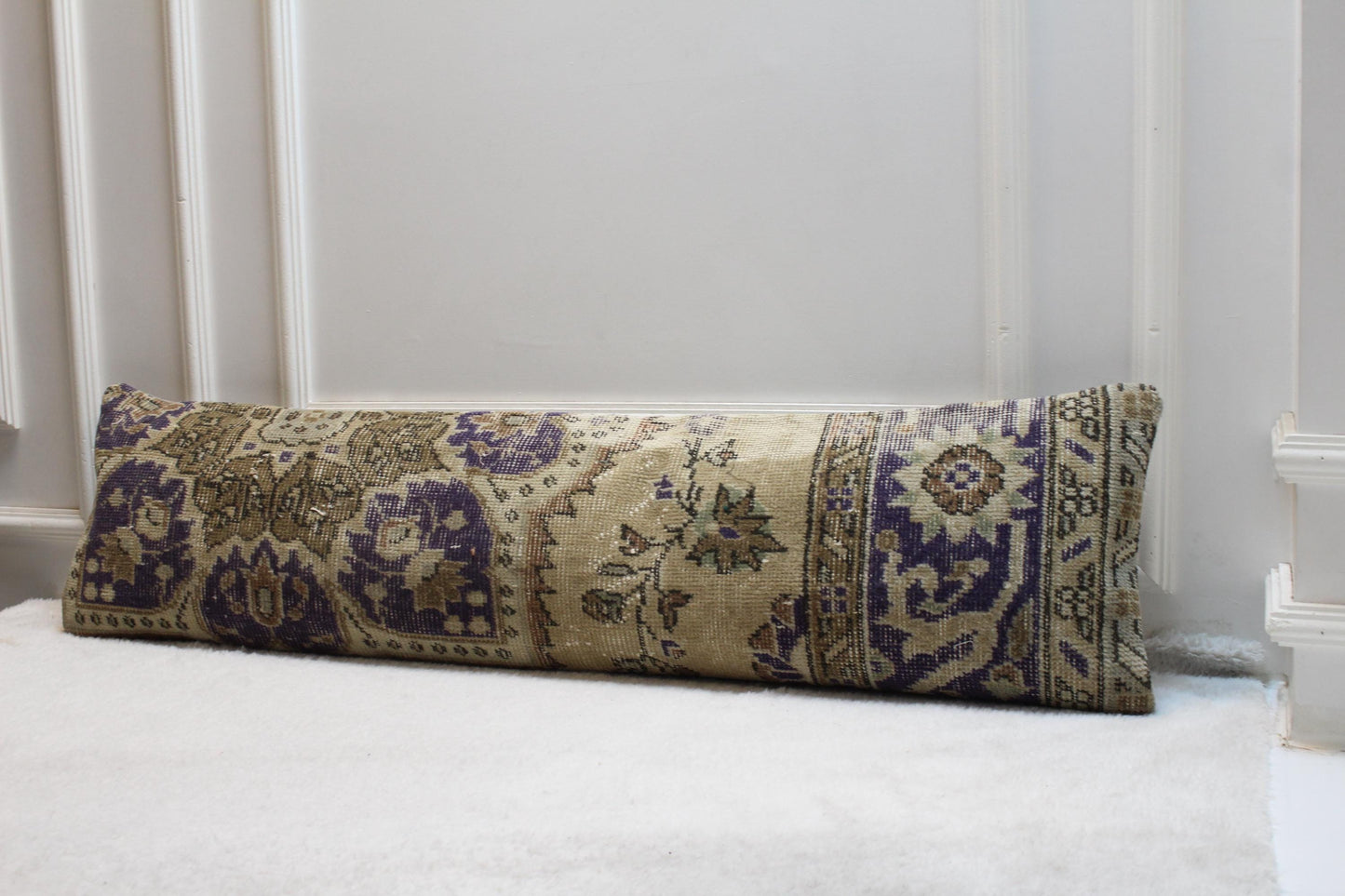 Handwoven Turkish Kilim Pillow Cover – Purple Beige Lumbar, Boho Decor