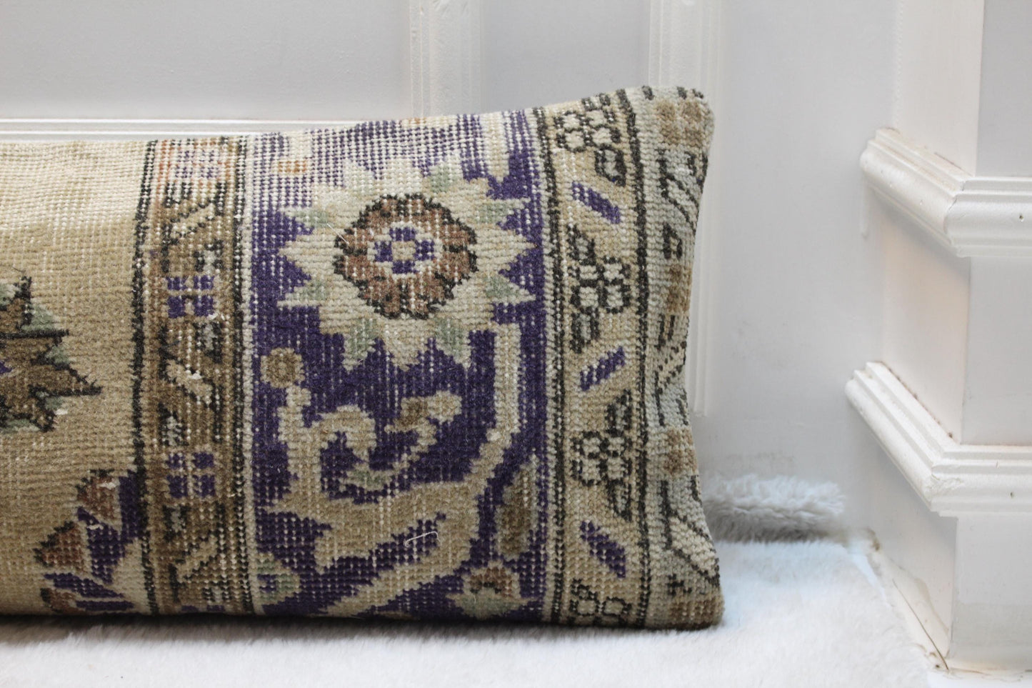 Handwoven Turkish Kilim Pillow Cover – Purple Beige Lumbar, Boho Decor