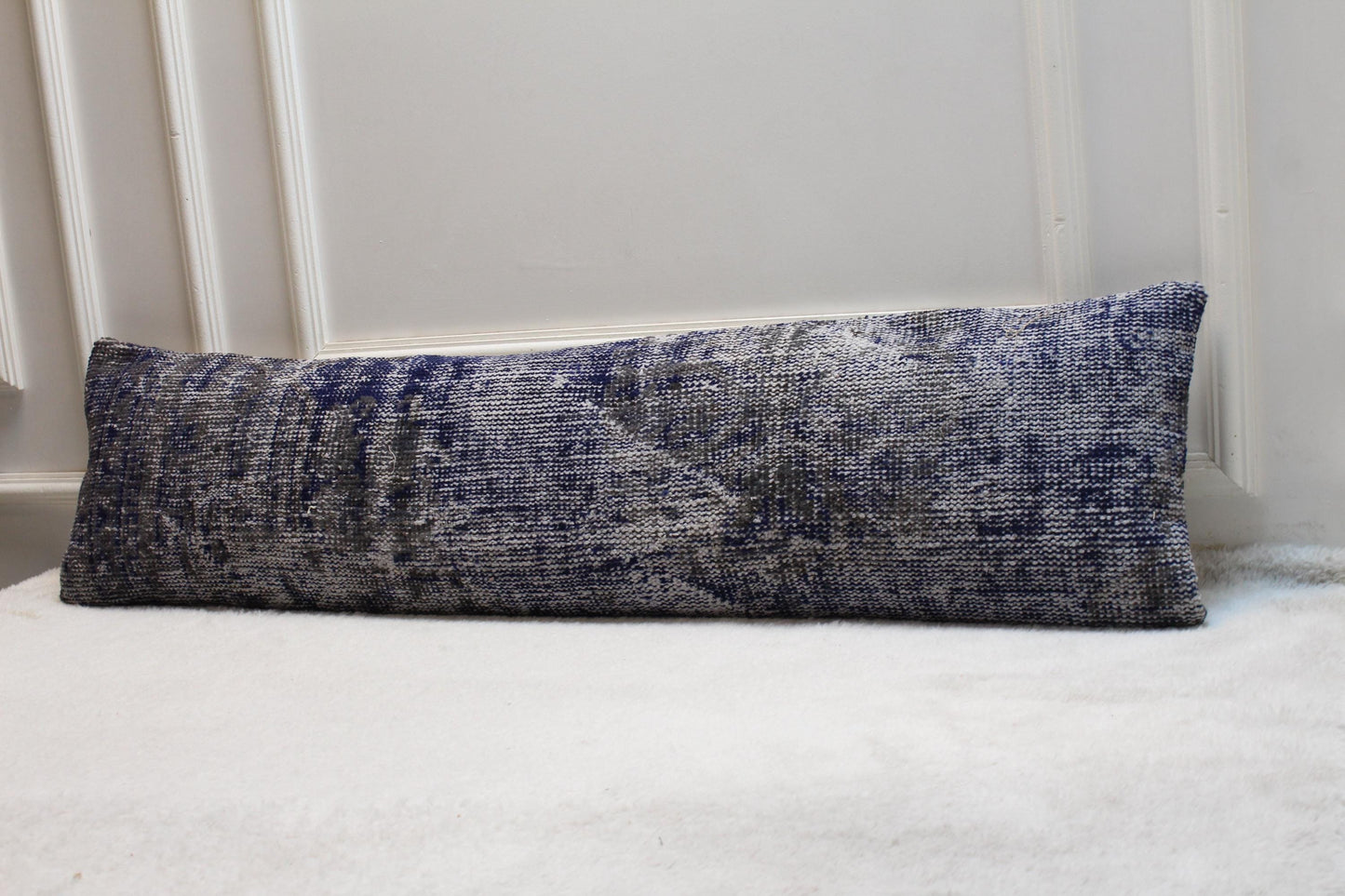 Blue Kilim Bench Pillow Cover 30x120 inch – Handwoven Turkish Rug Lumbar