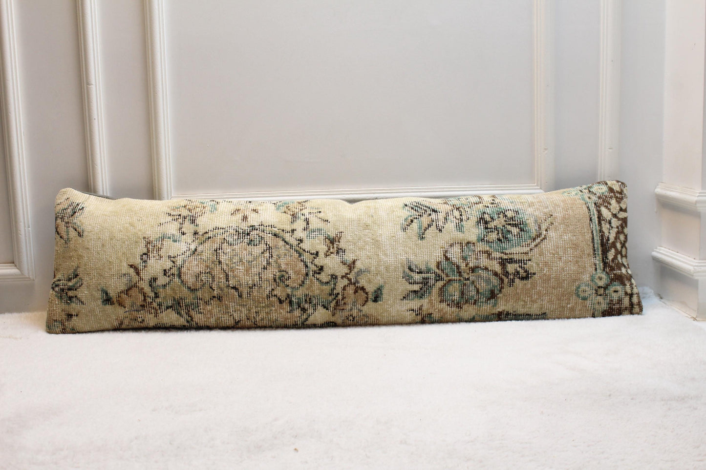 Turkish Rug Lumbar Pillow | Beige Floral Kilim, 30x120 in