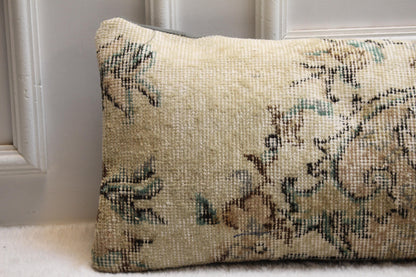 Turkish Rug Lumbar Pillow | Beige Floral Kilim, 30x120 in