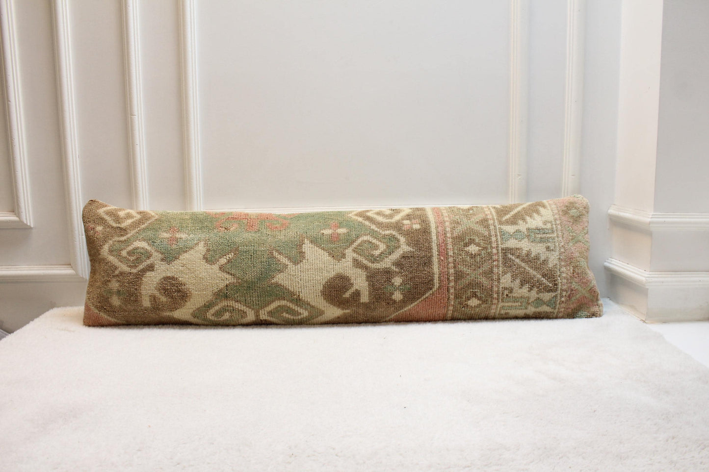 Handwoven Turkish Kilim Bench Pillow | Moss Green Boho Decor (30x120 in)