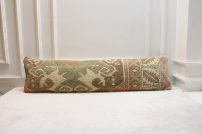 Handwoven Turkish Kilim Bench Pillow | Moss Green Boho Decor (30x120 in)