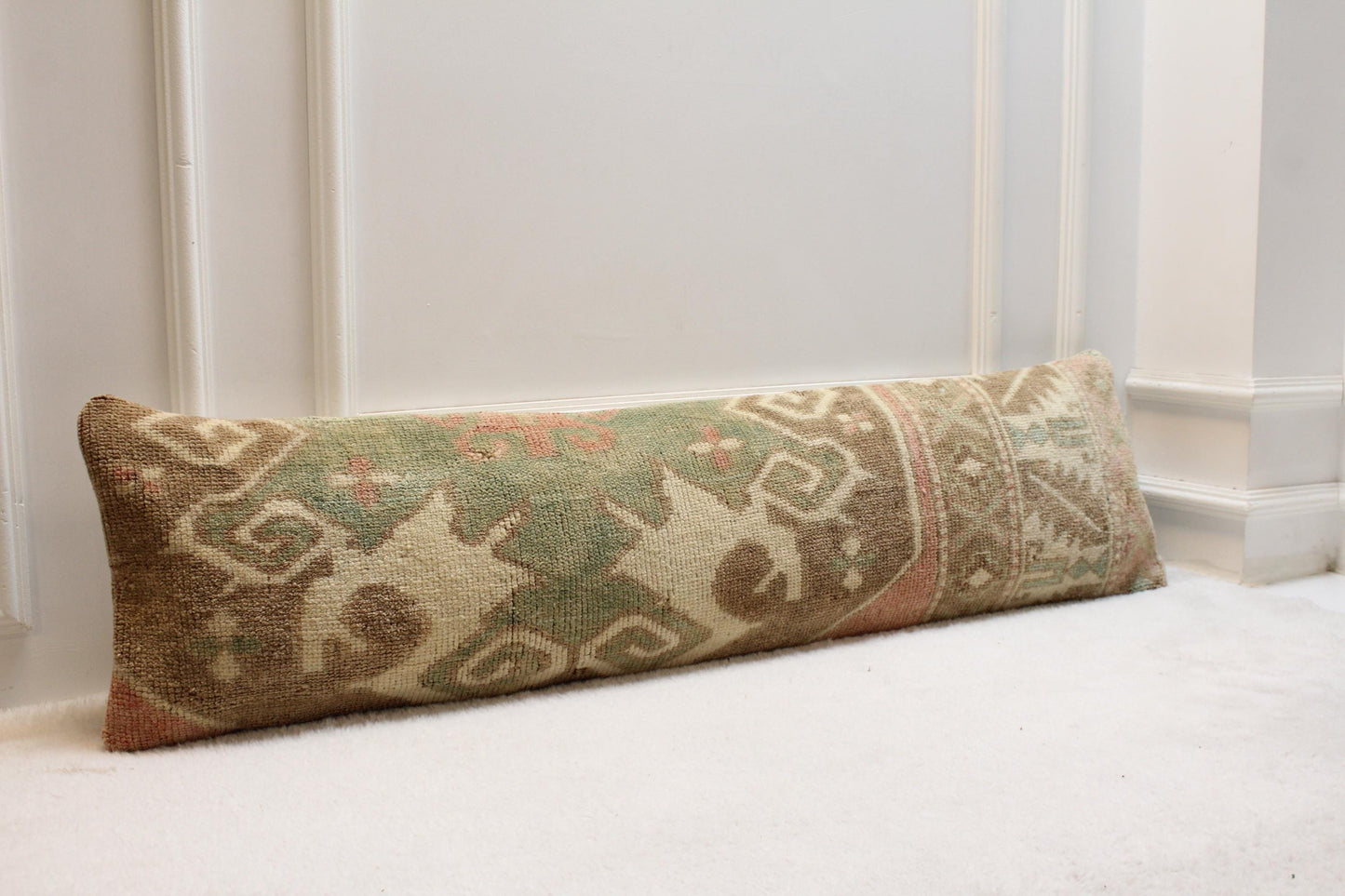 Handwoven Turkish Kilim Bench Pillow | Moss Green Boho Decor (30x120 in)