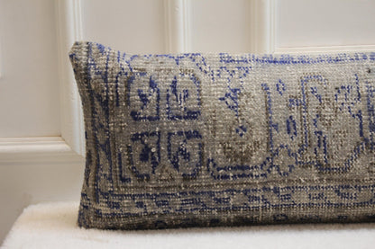 Turkish Lumbar Kilim Pillow Cover (30x120 in) | Skywashed Gray, Deep Blue Border