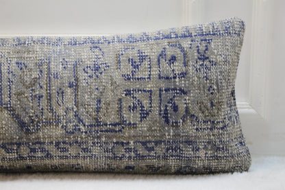 Turkish Lumbar Kilim Pillow Cover (30x120 in) | Skywashed Gray, Deep Blue Border