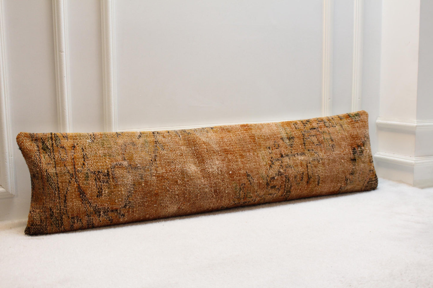 Rustic Turkish Kilim Lumbar Pillow | Amber & Beige, 30x120 cm