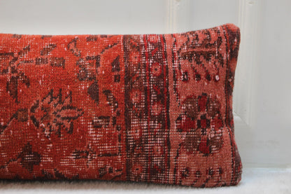 Handwoven Kilim Lumbar Pillow | Red Floral Turkish Cushion (30x120”