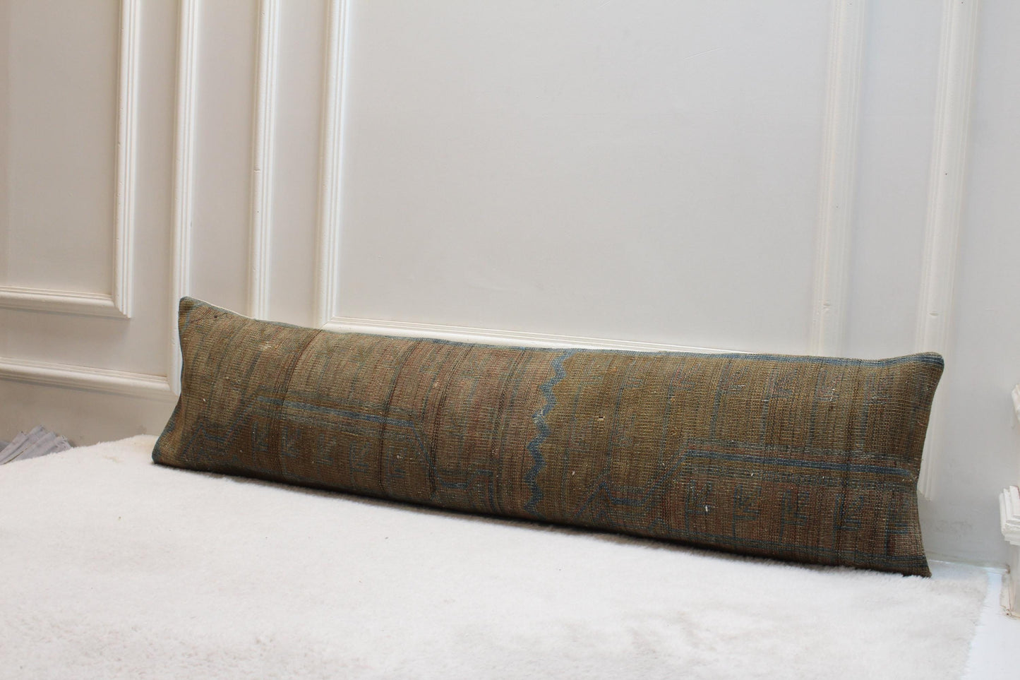 Handwoven Turkish Kilim Lumbar Pillow Cover | Rustic Bench Cushion (30x120 in)