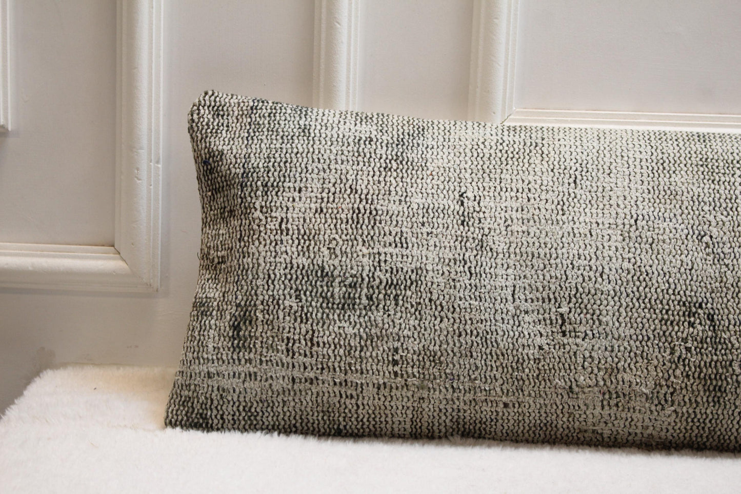 Light Gray Turkish Kilim Pillow | Long Lumbar Cushion, Vintage Rug