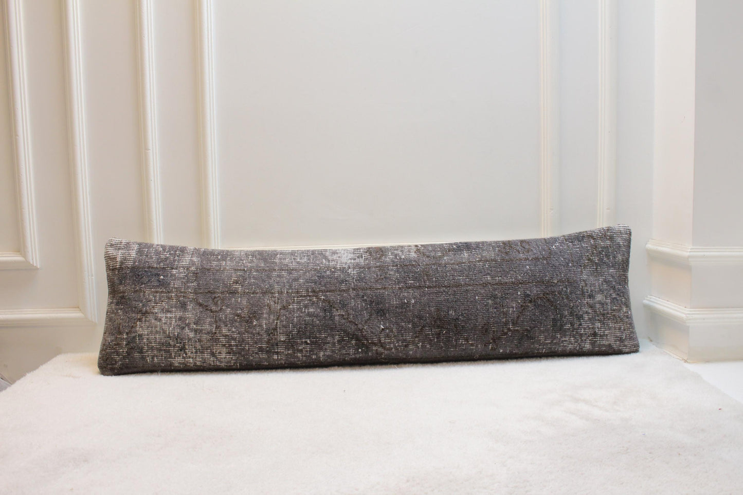 Faded Grey Wool Kilim Pillow, Handwoven Turkish Lumbar Cushion (30x120 inches)