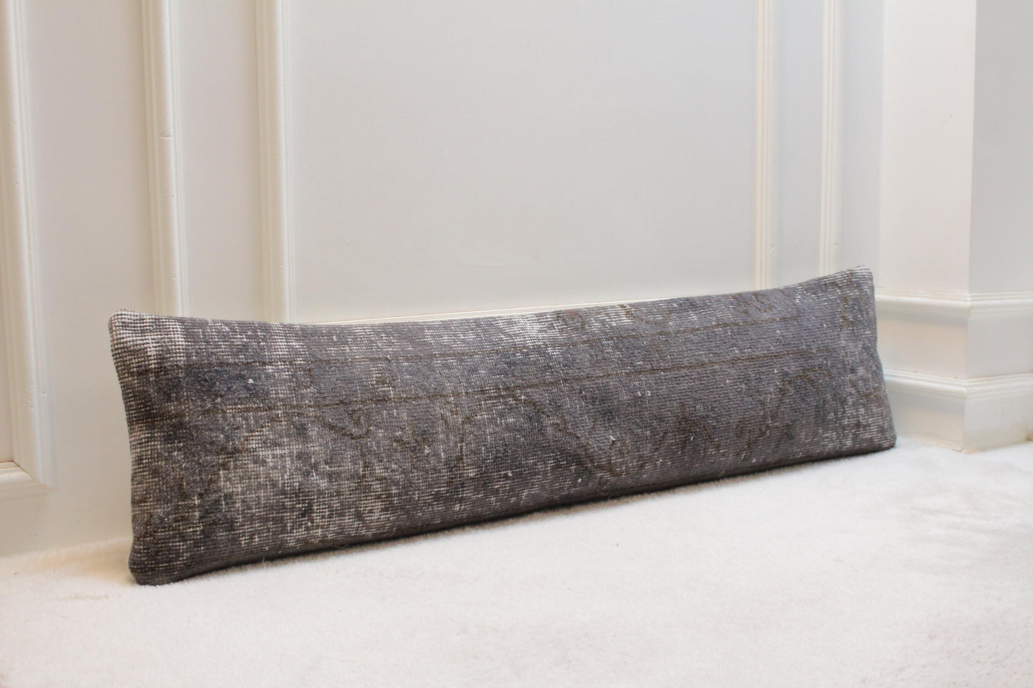 Faded Grey Wool Kilim Pillow, Handwoven Turkish Lumbar Cushion (30x120 inches)