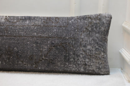 Faded Grey Wool Kilim Pillow, Handwoven Turkish Lumbar Cushion (30x120 inches)