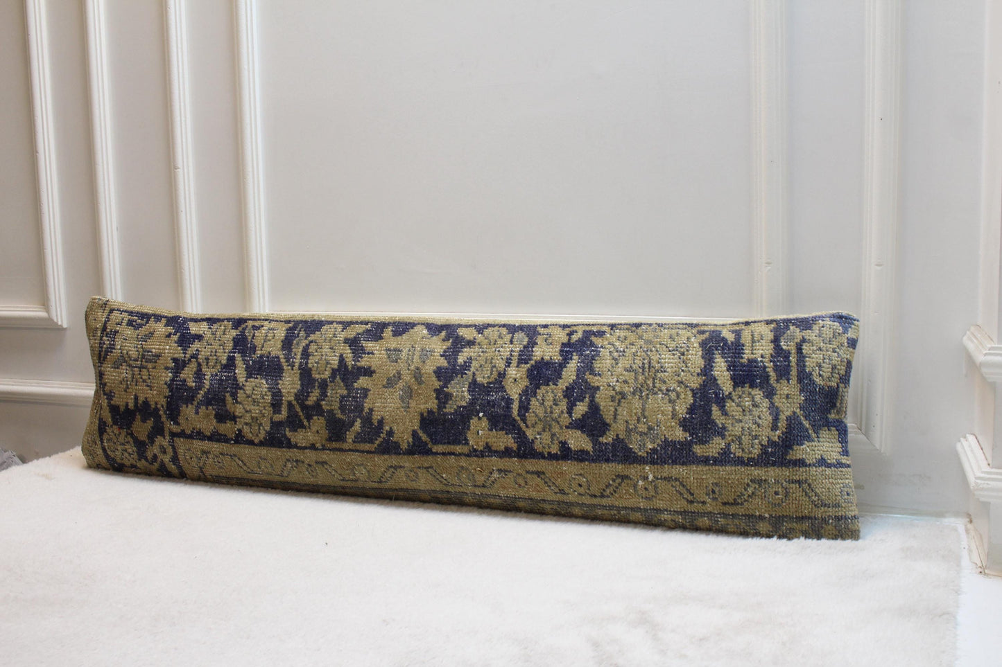 Vintage Floral Kilim Pillow – 30x120” Turkish Rug, Muted Blue Cream